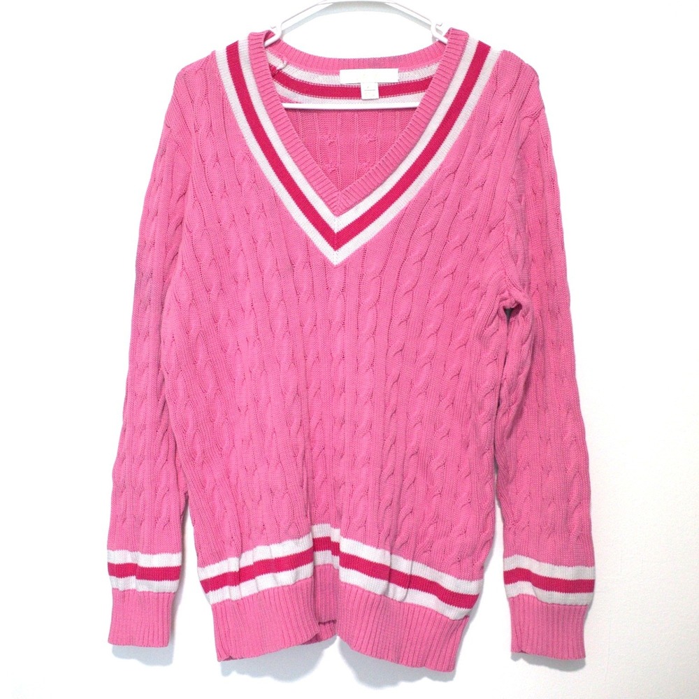 Lilly Pulitzer Pink Cable Knit V-Neck Varsity Stripe Sweater Womens XL